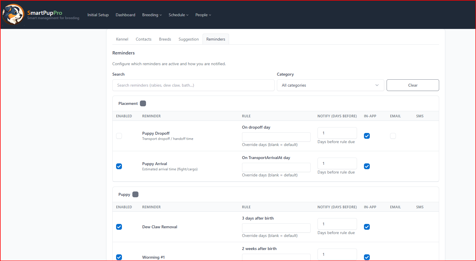 SmartPupPro reminder configuration screen