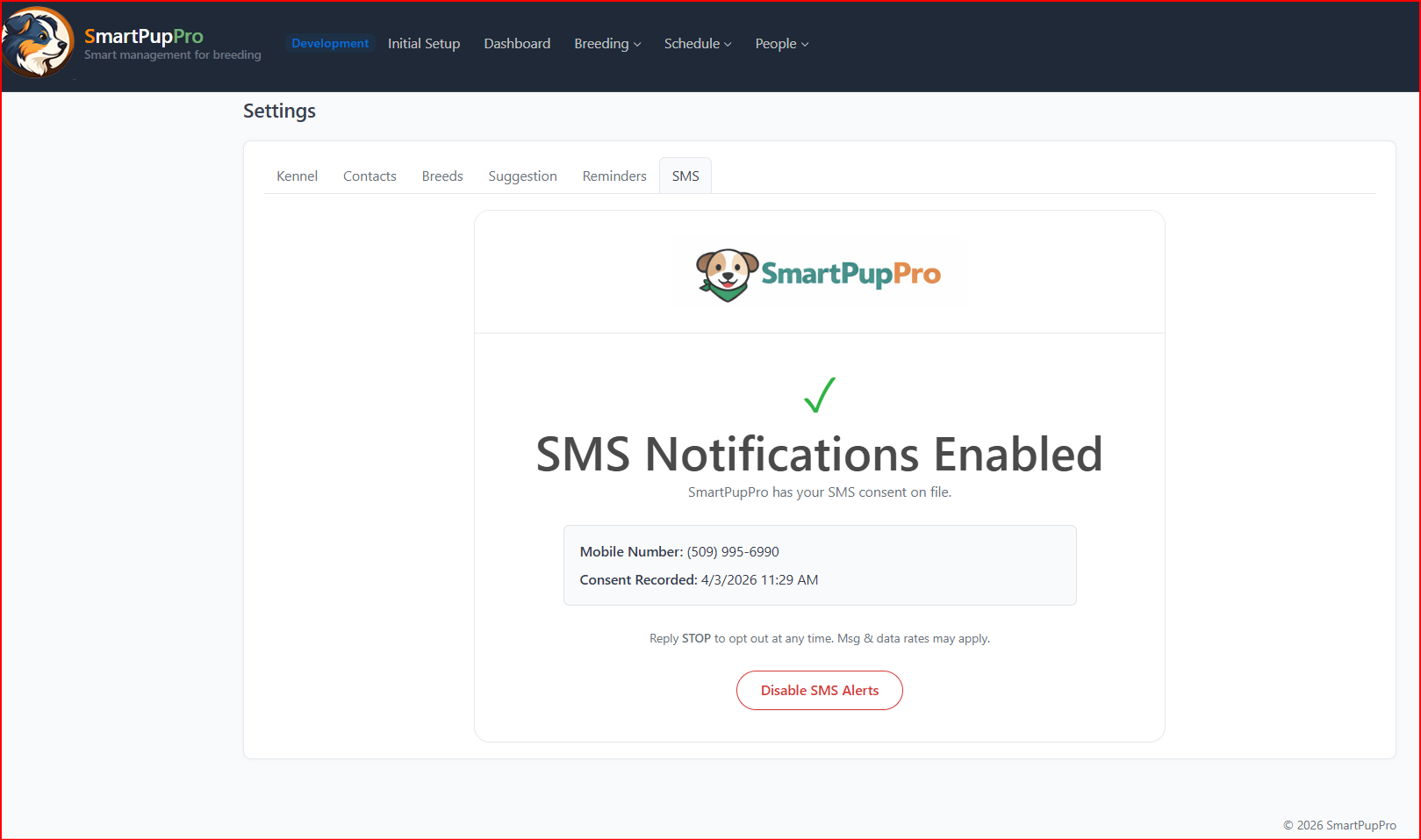 SmartPupPro SMS enabled status screen