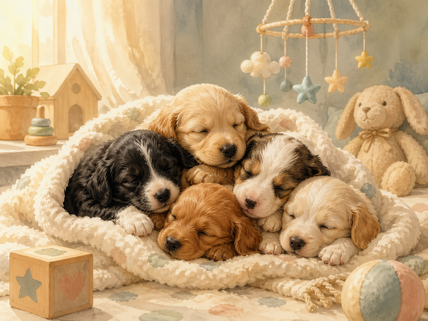 Sleeping newborn puppies in a warm blanket