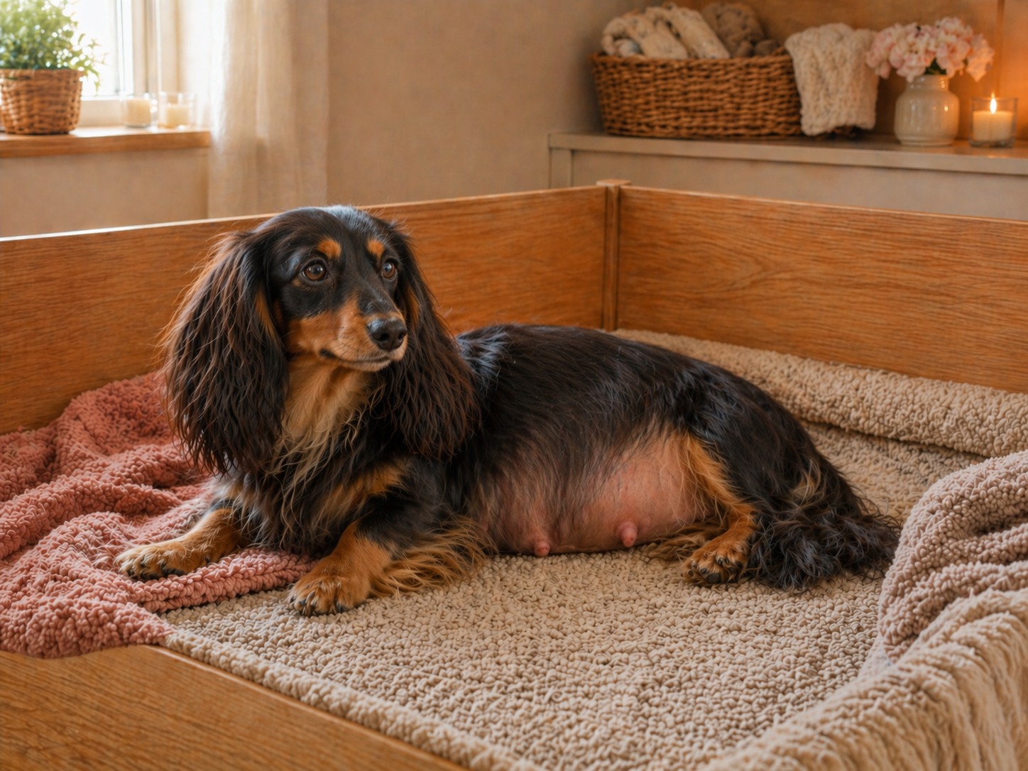 Pregnant mother dog resting in a prepared whelping area