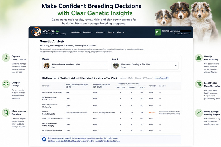 SmartPupPro genetic analysis screen showing genetic results, pairing comparison, breeder notes, and breeding plans