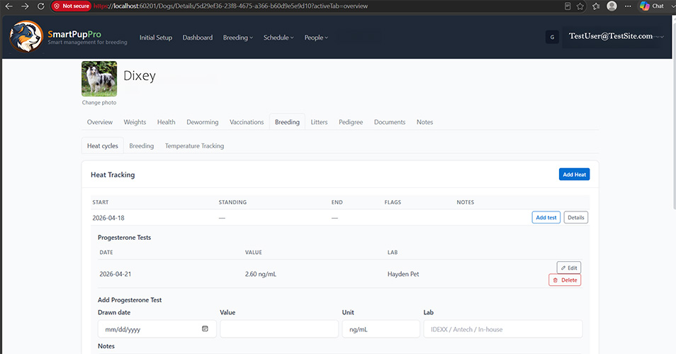 SmartPupPro breeding planning screen showing heat cycles, genetics, breeding records, and litter preparation