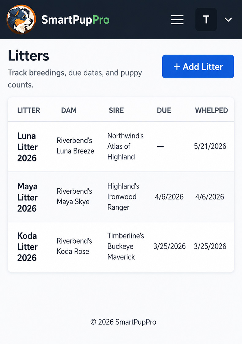 SmartPupPro breeding plans screen showing planned pairings, breeding dates, notes, and expected timelines