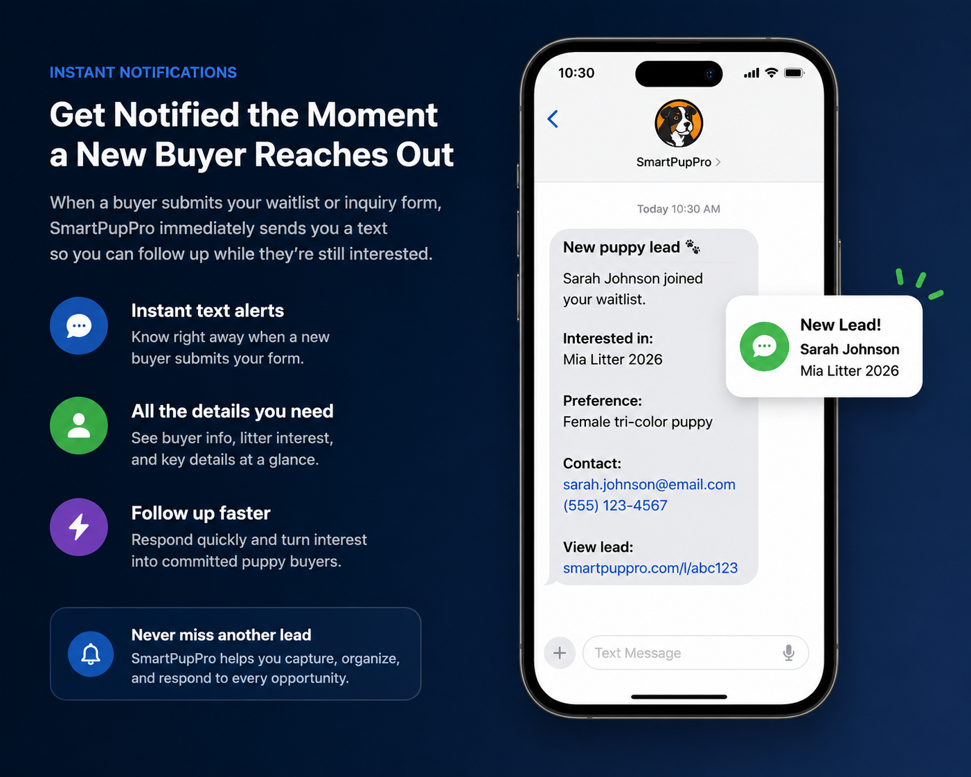 SmartPupPro new lead text notification