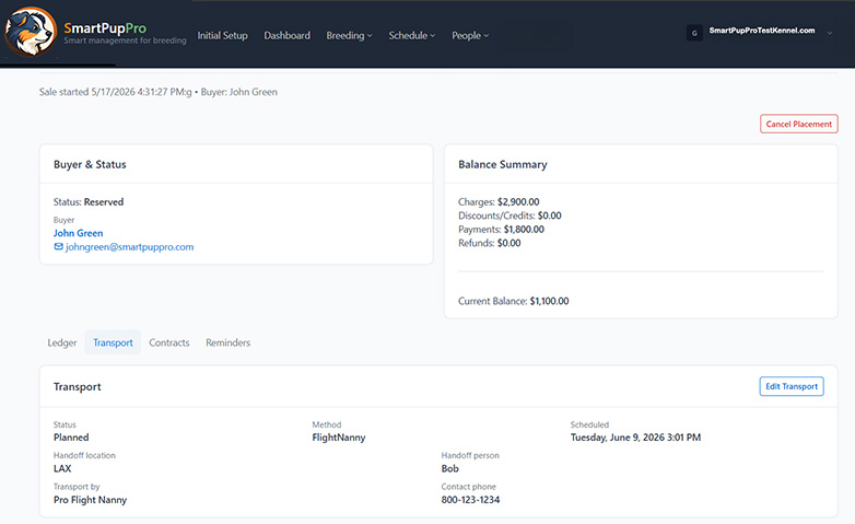 SmartPupPro puppy placement screen showing payment ledger and sale details