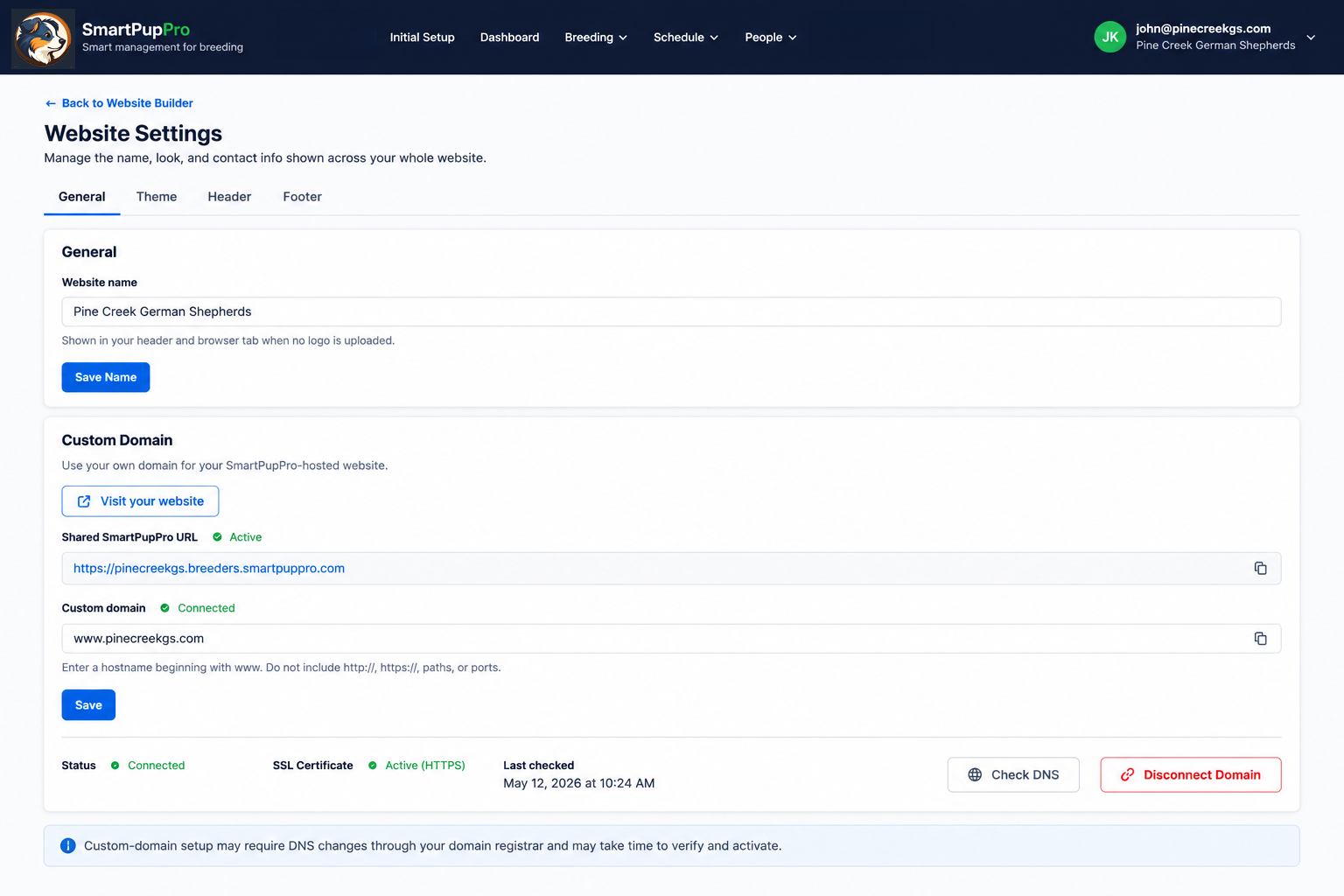 Custom domain settings for a SmartPupPro breeder website