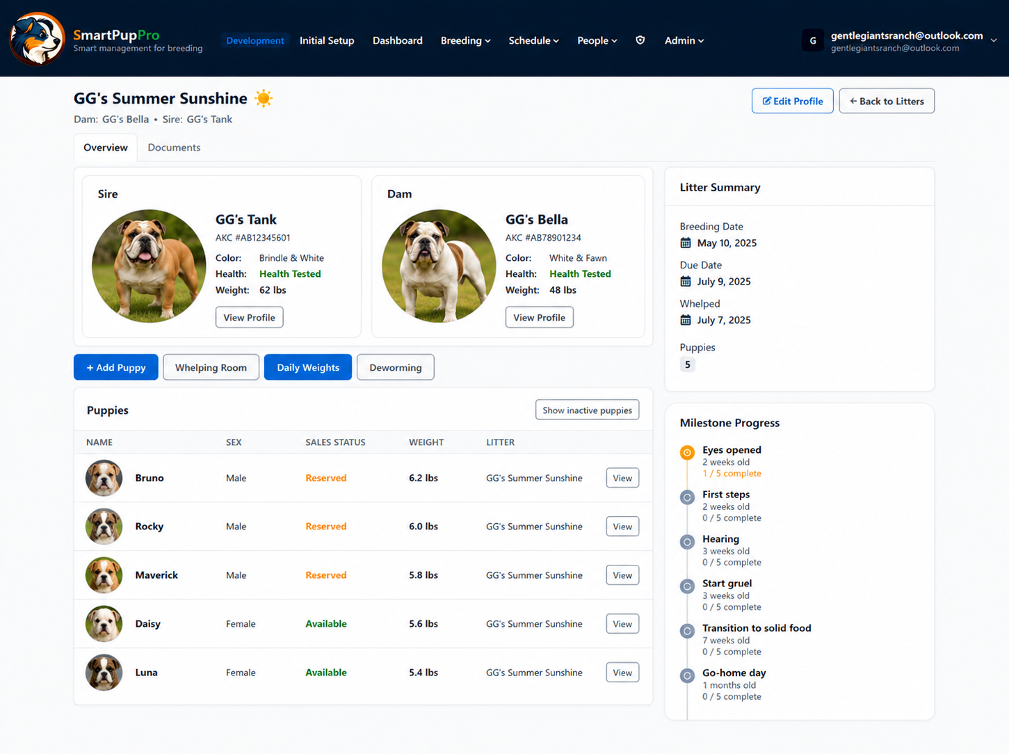Litter and newborn puppy management in SmartPupPro