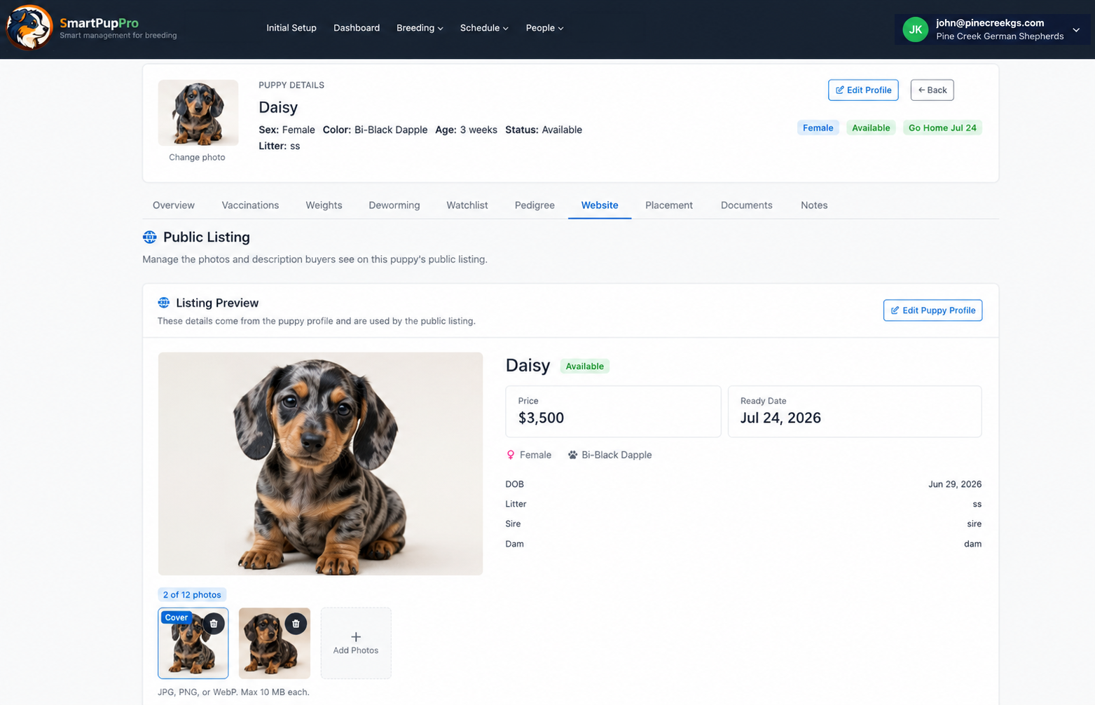 SmartPupPro puppy record with photo, availability, birth date, color, and listing details