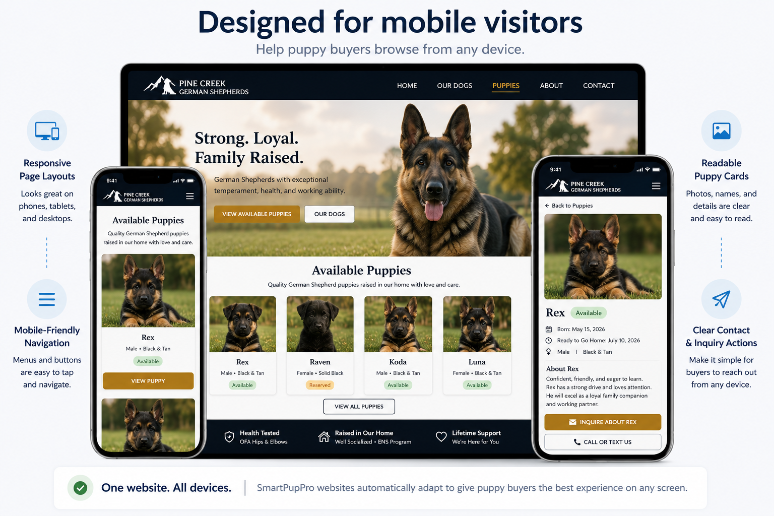 Mobile-friendly dog breeder website displayed on a smartphone