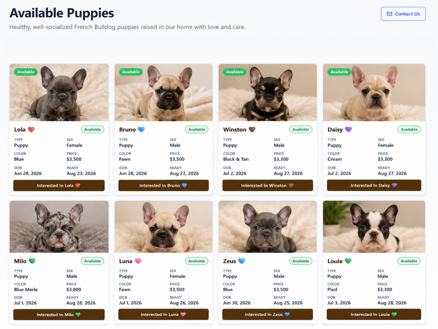 Public breeder website showing available puppy cards and an individual puppy detail page