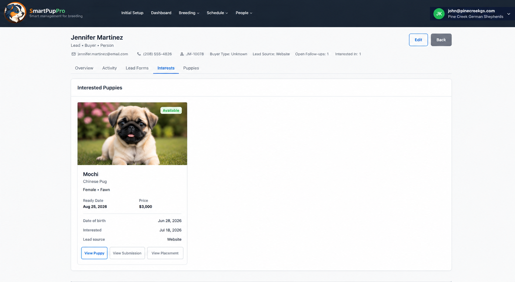 Puppy-specific buyer inquiry flowing from a public listing into SmartPupPro
