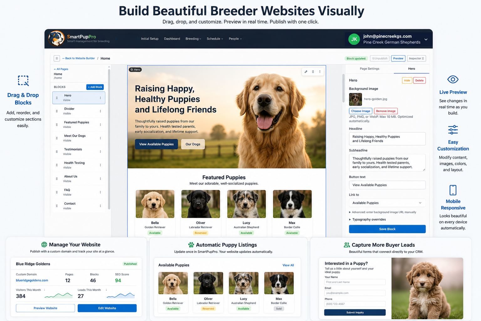 SmartPupPro dog breeder website builder showing a breeder website dashboard and page editor